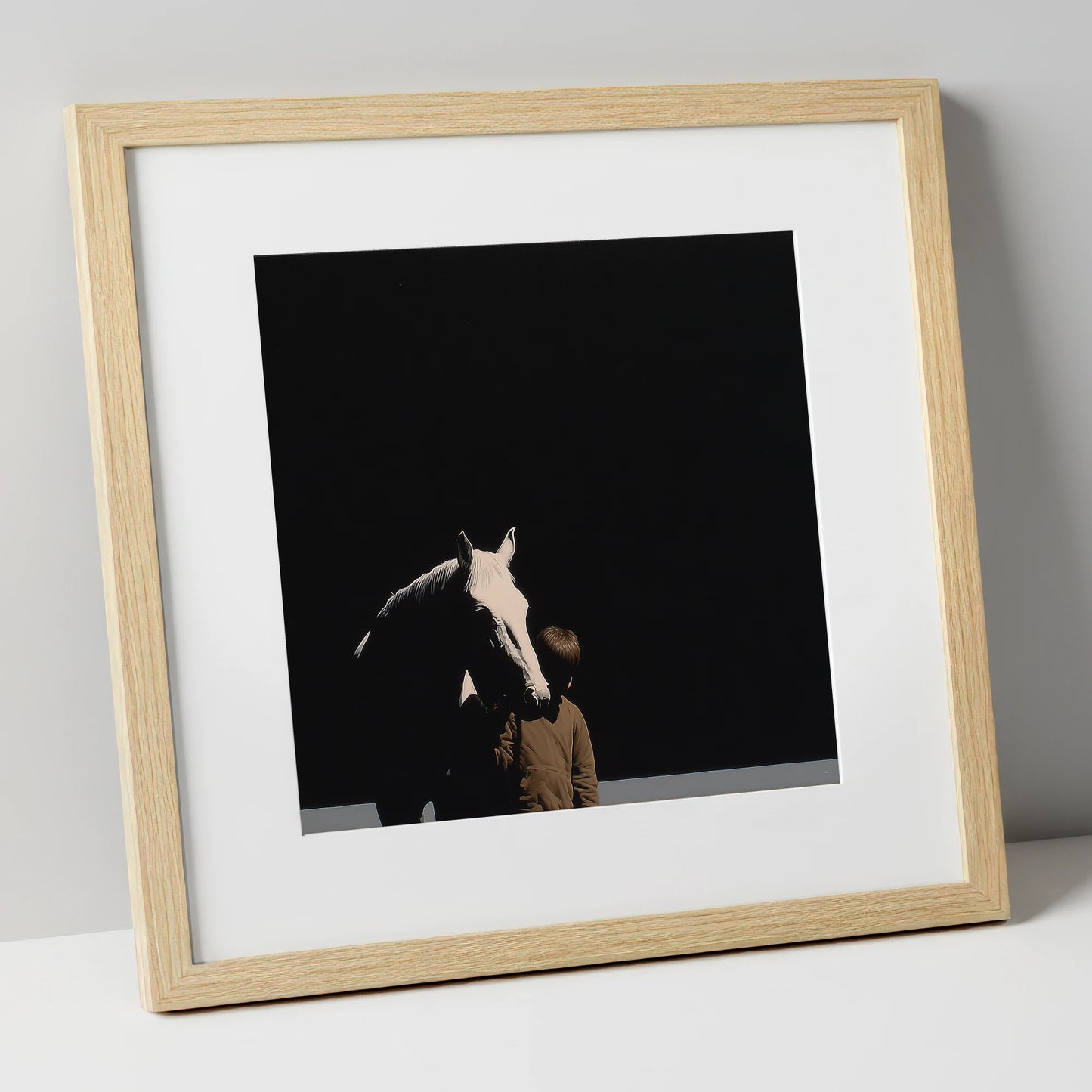 The Silent Bond horse & rider art print in natural frame