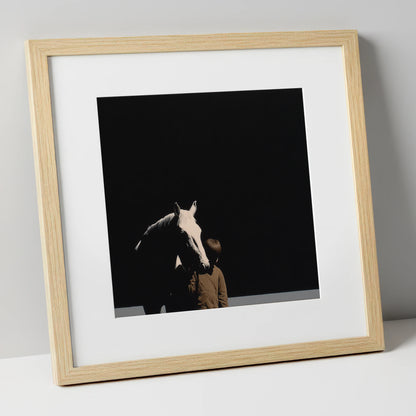 The Silent Bond horse & rider art print in natural frame