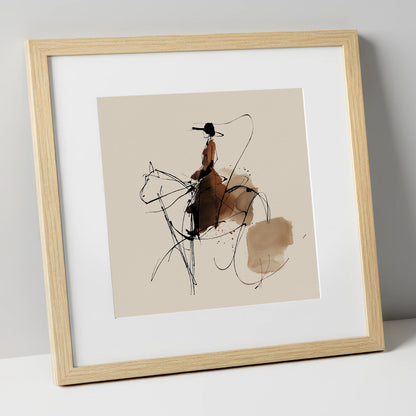The Sepia Rider horse & rider art print in natural frame
