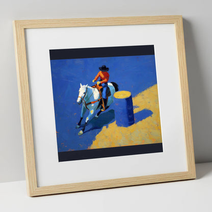 Blue Barrel Turn western horse art print in natural frame