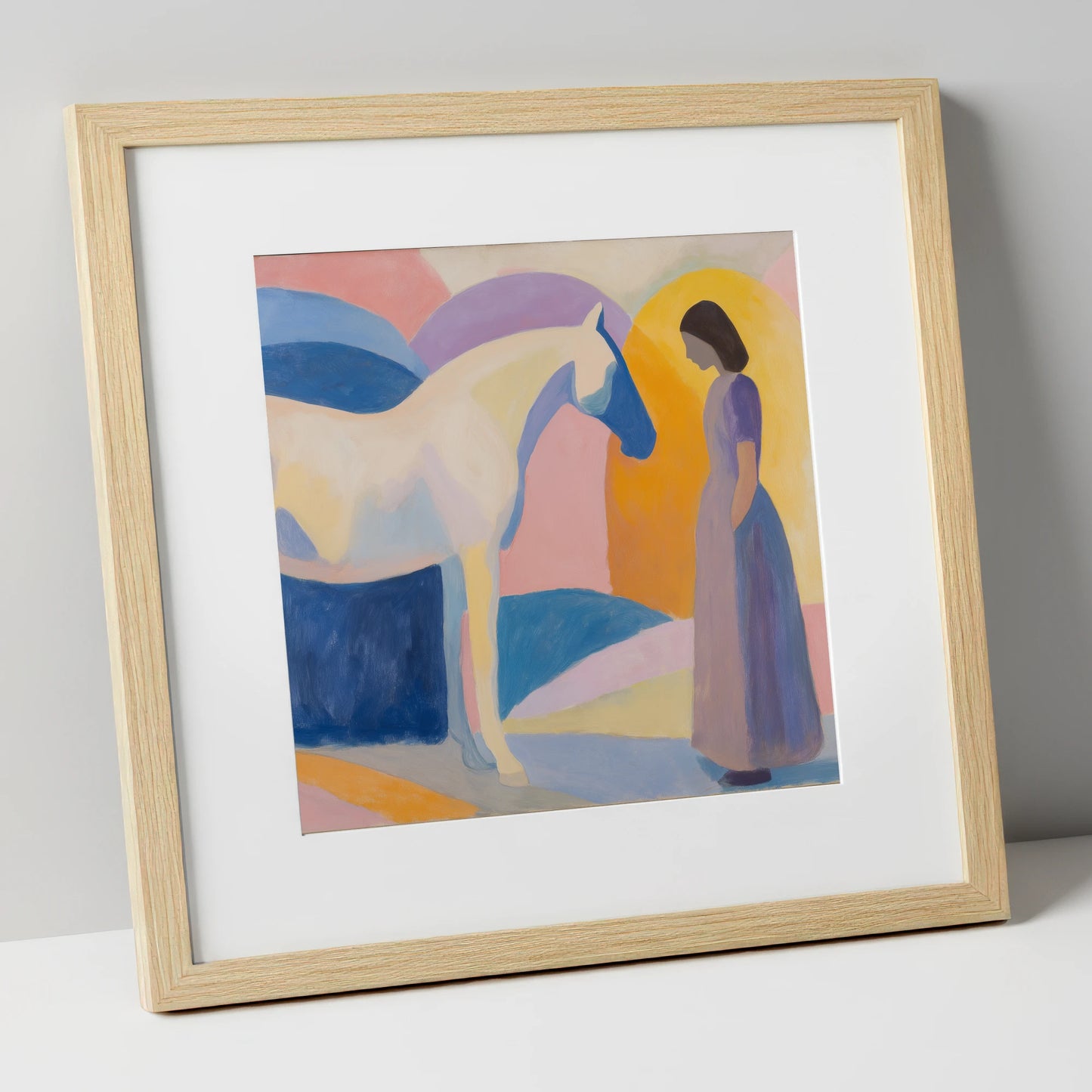 Quiet Connection horse & rider art print in natural frame