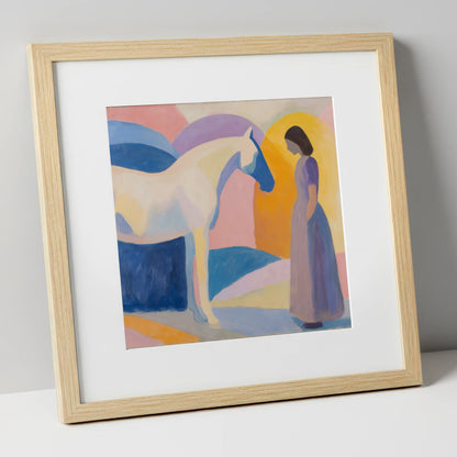 Quiet Connection horse & rider art print in natural frame