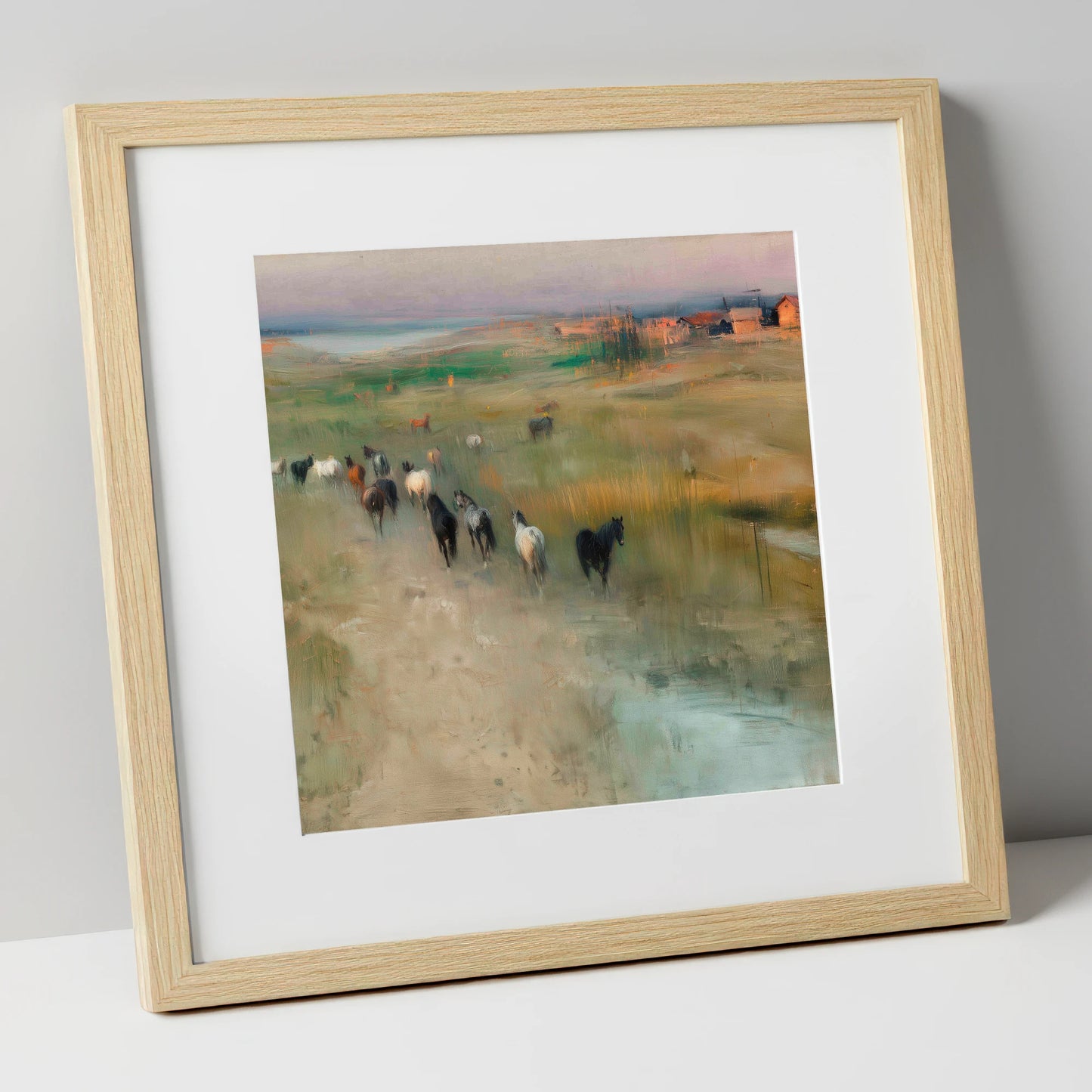 Roaming the Marshes wild horses art print in natural frame