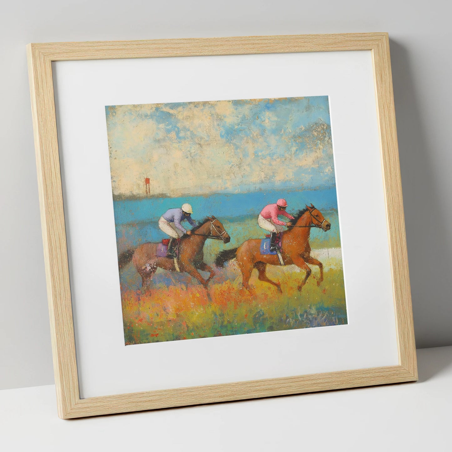 Turf and Tide racing horse art print in natural frame