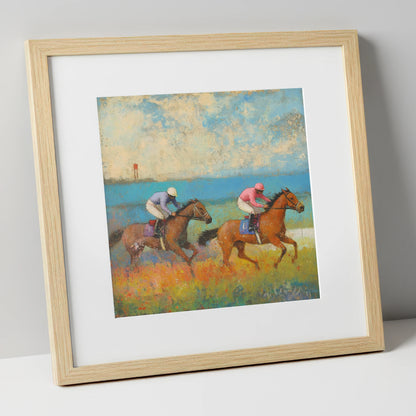 Turf and Tide racing horse art print in natural frame