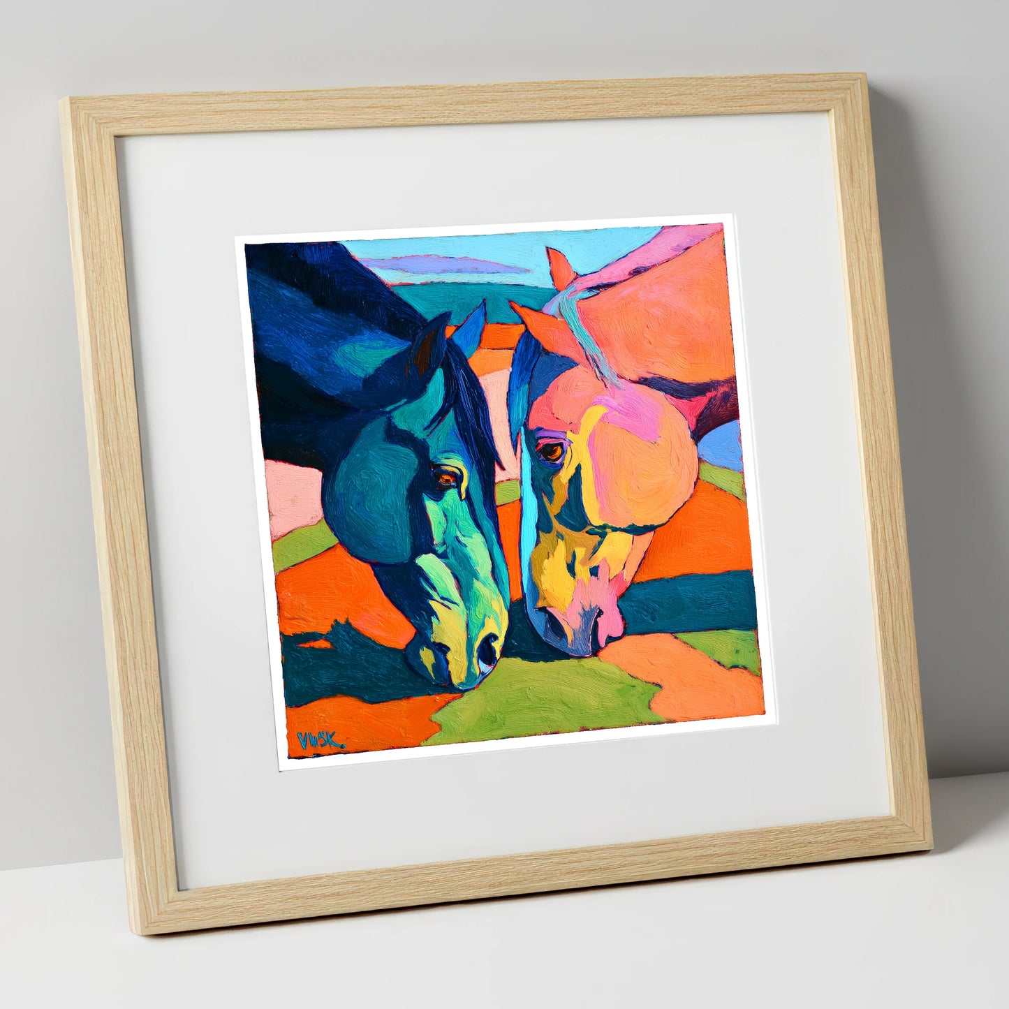 Vibrant Companions horse portrait art print in natural frame