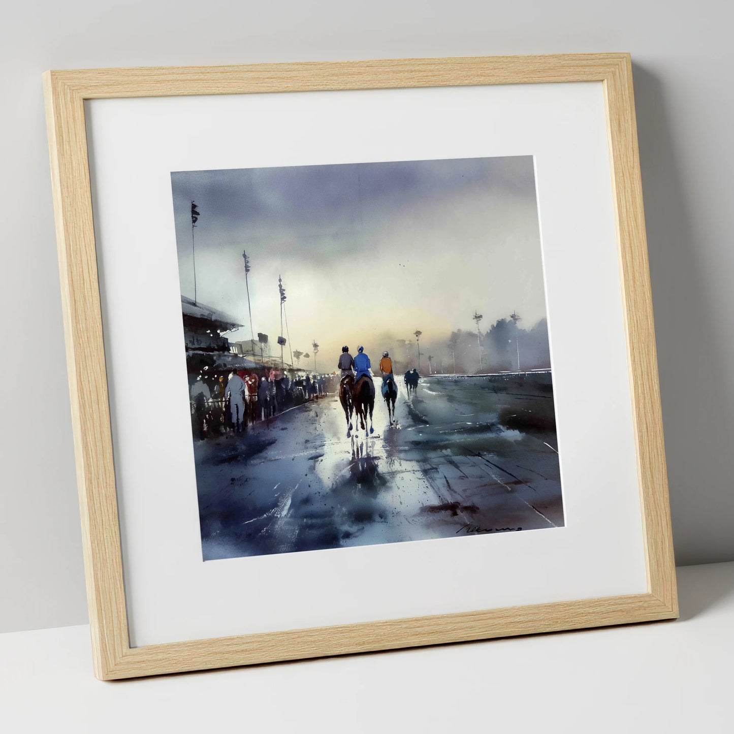 Dawn at the Track racing horse art print in natural frame