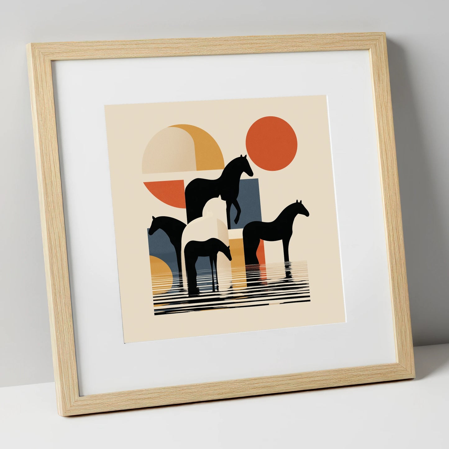 Geometric Equine Reflections wild horses art print in natural frame
