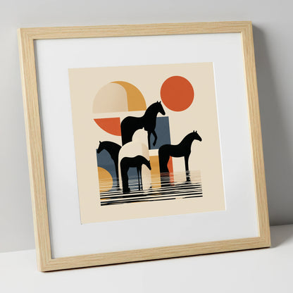 Geometric Equine Reflections wild horses art print in natural frame