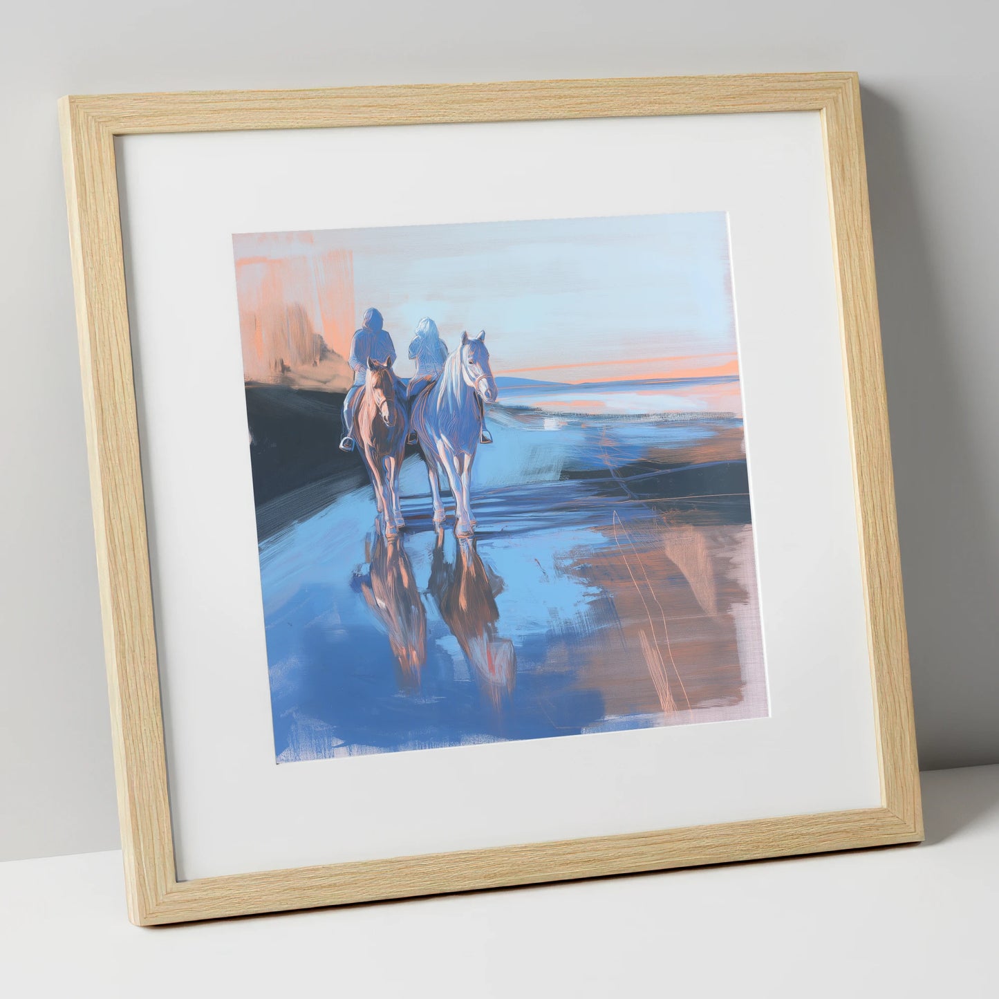 Shoreline Companions horse landscape art print in natural frame