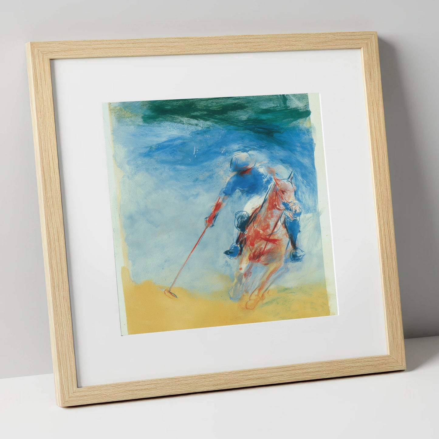 Velocity in Cerulean polo horse art print in natural frame