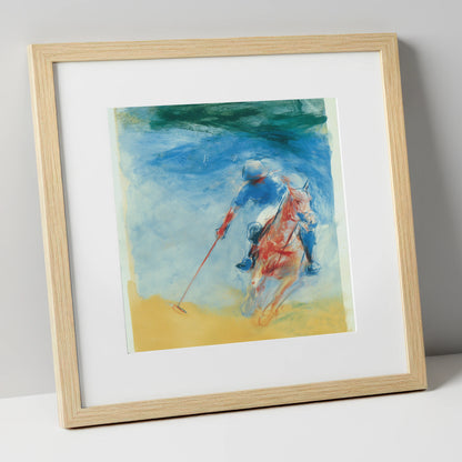 Velocity in Cerulean polo horse art print in natural frame
