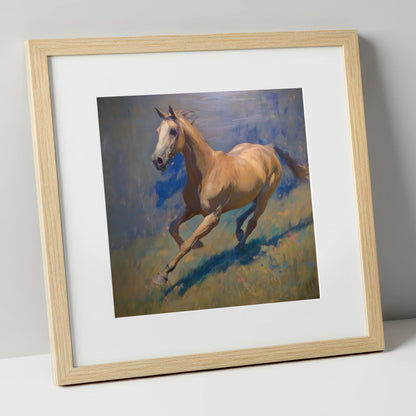 Golden Stride racing horse art print in natural frame