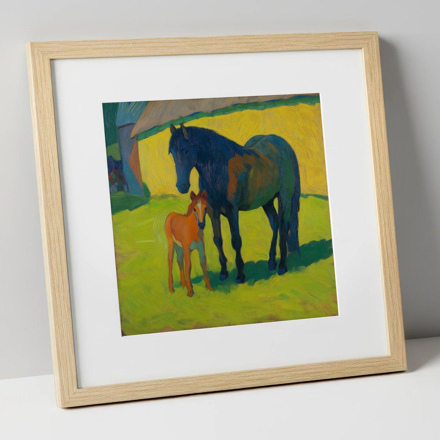 Radiant Pasture Bond mare & foal art print in natural frame