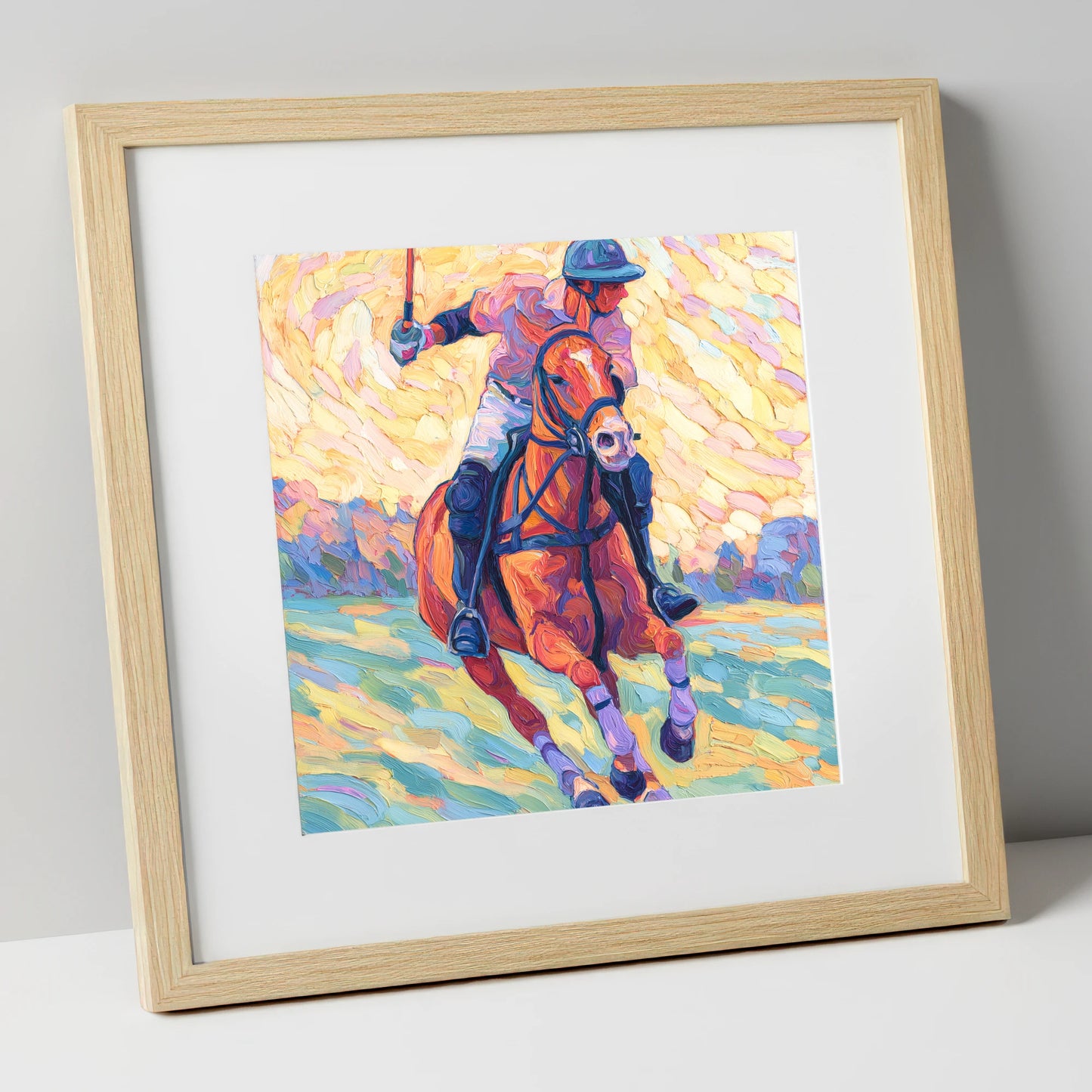 Vivid Polo Pursuit polo horse art print in natural frame