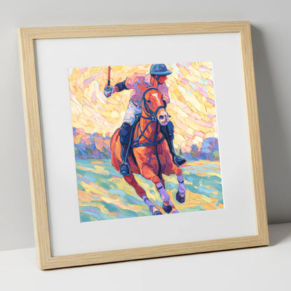 Vivid Polo Pursuit polo horse art print in natural frame