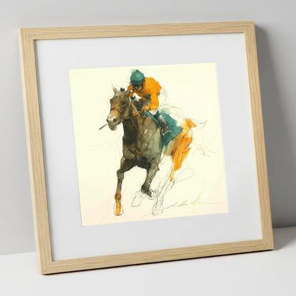 Surge of Colour racing horse art print in natural frame