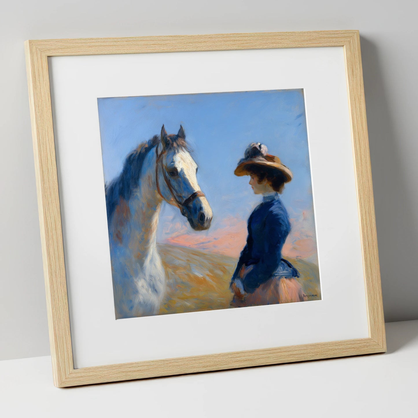 The Golden Gaze horse & rider art print in natural frame