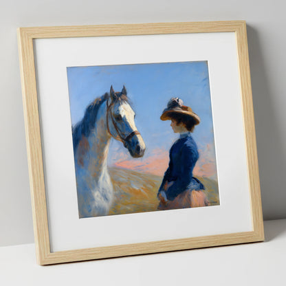 The Golden Gaze horse & rider art print in natural frame