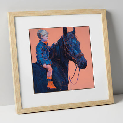 Indigo Beginnings horse & rider art print in natural frame