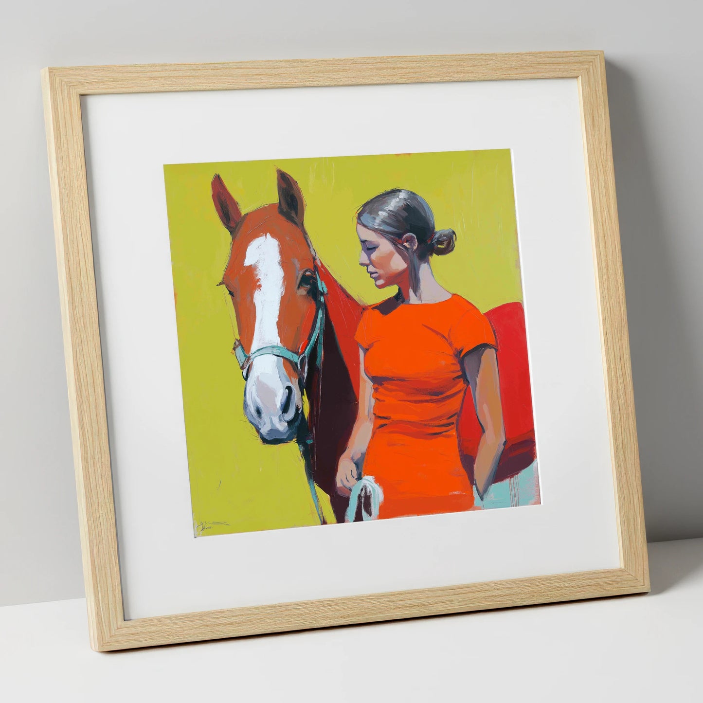 Radiant Bond horse & rider art print in natural frame