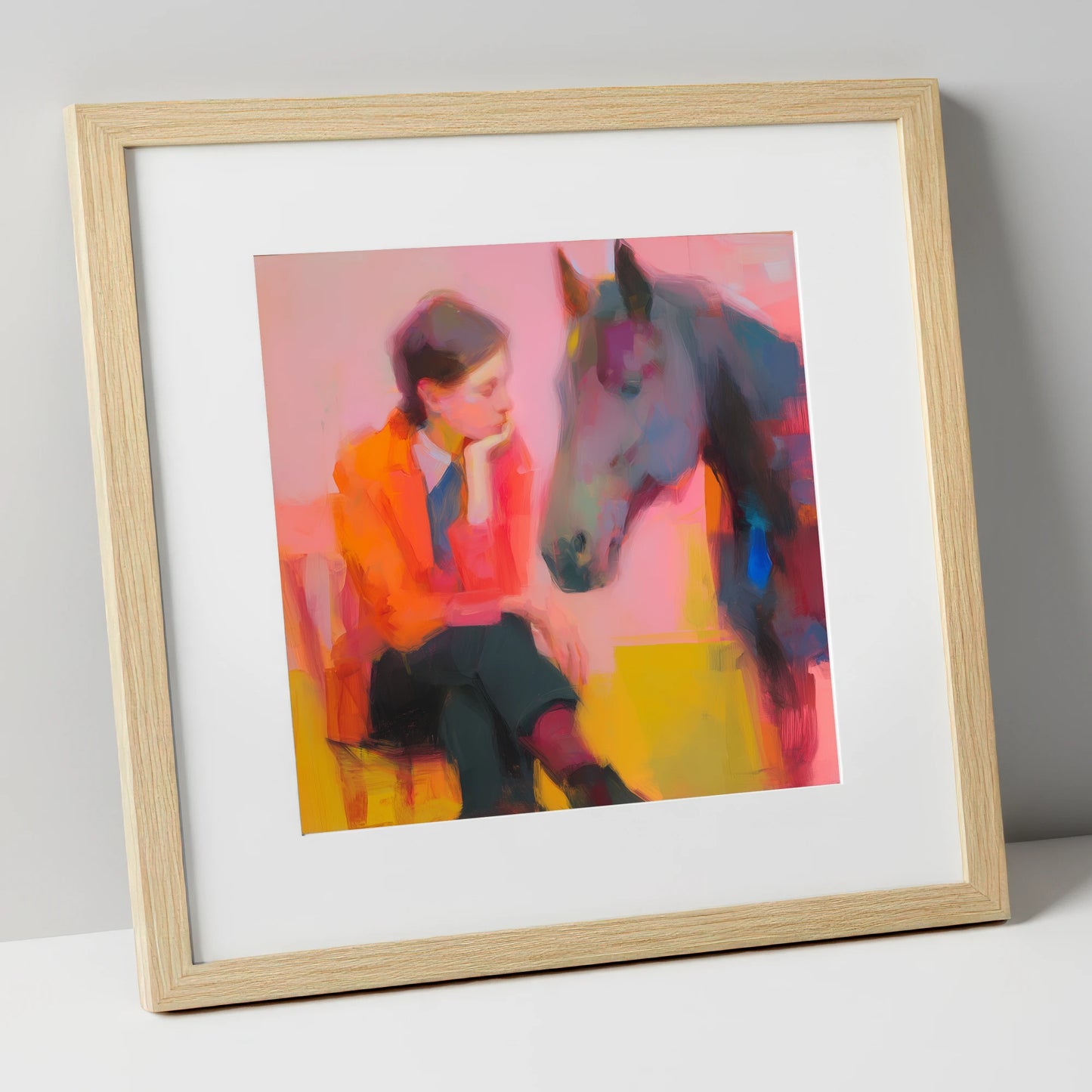 Vivid Connection horse & rider art print in natural frame