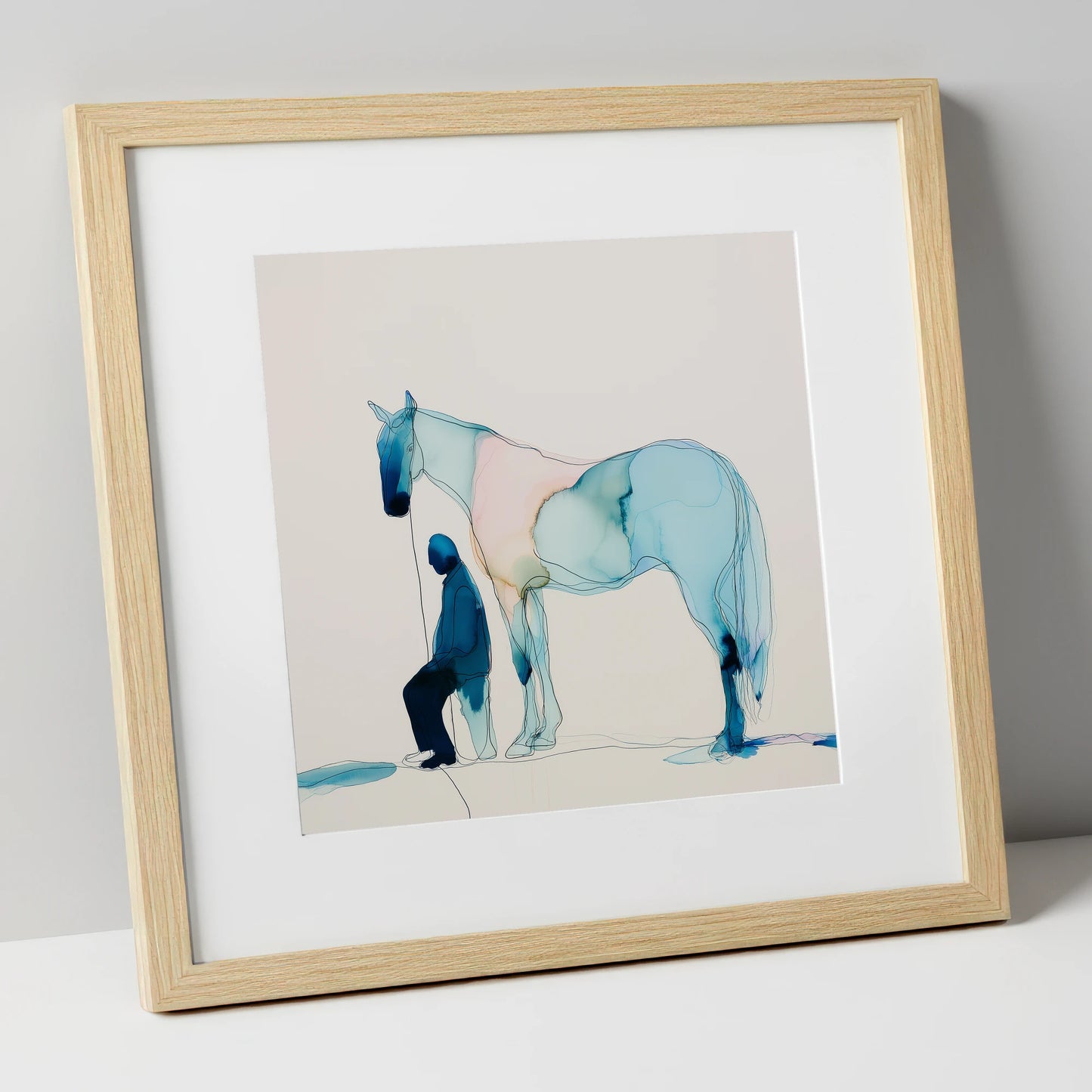 Fluid Companionship horse & rider art print in natural frame