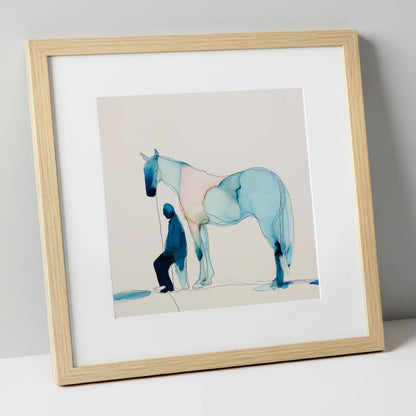 Fluid Companionship horse & rider art print in natural frame
