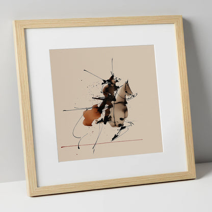 Abstract Momentum in Ink horse & rider art print in natural frame