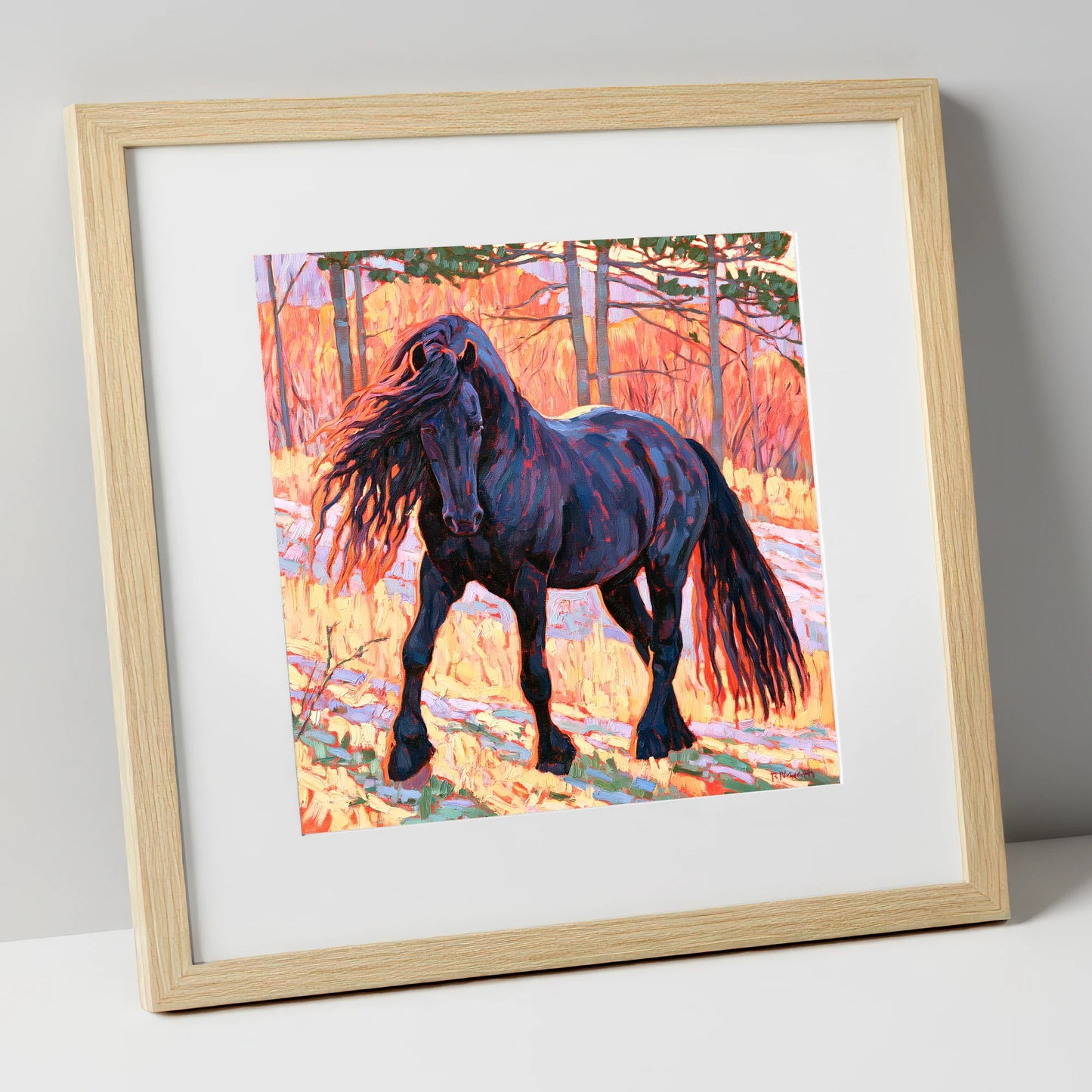 Vibrant Friesian in Sunset Woodland horse breed art print in natural frame