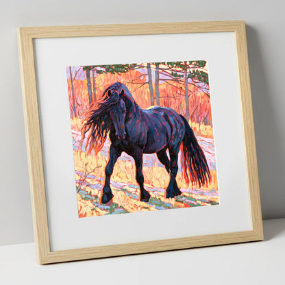 Vibrant Friesian in Sunset Woodland horse breed art print in natural frame