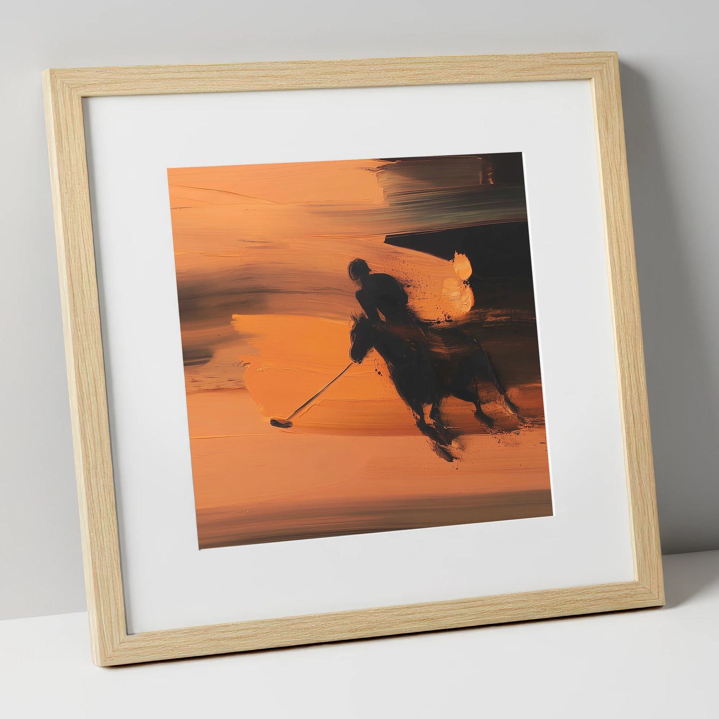 Amber Polo Pursuit polo horse art print in natural frame