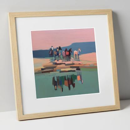 Stillness by the Water wild horses art print in natural frame