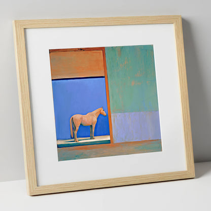 Cobalt Stable Light horse stable art print in natural frame