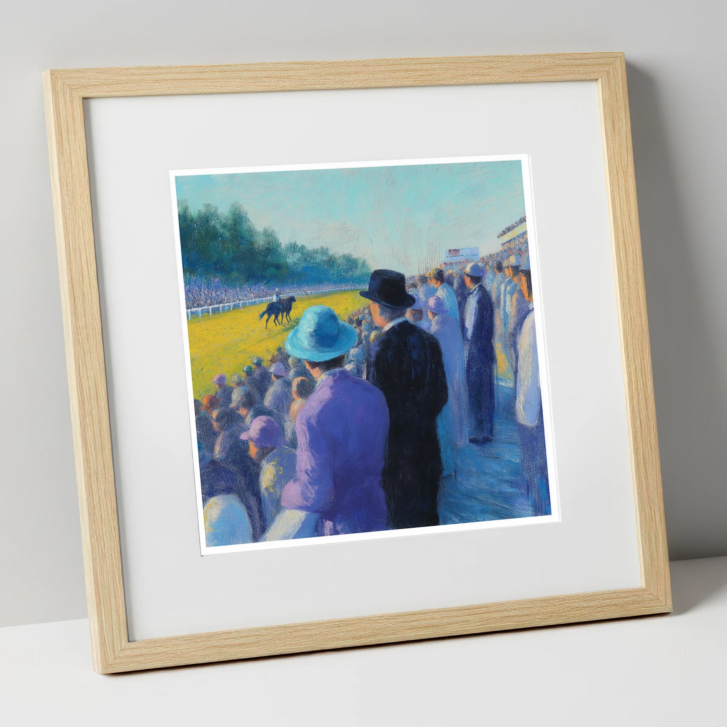 Shadows on the Turf racing horse art print in natural frame