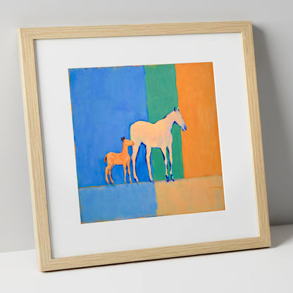 Cobalt and Terracotta Bond mare & foal art print in natural frame