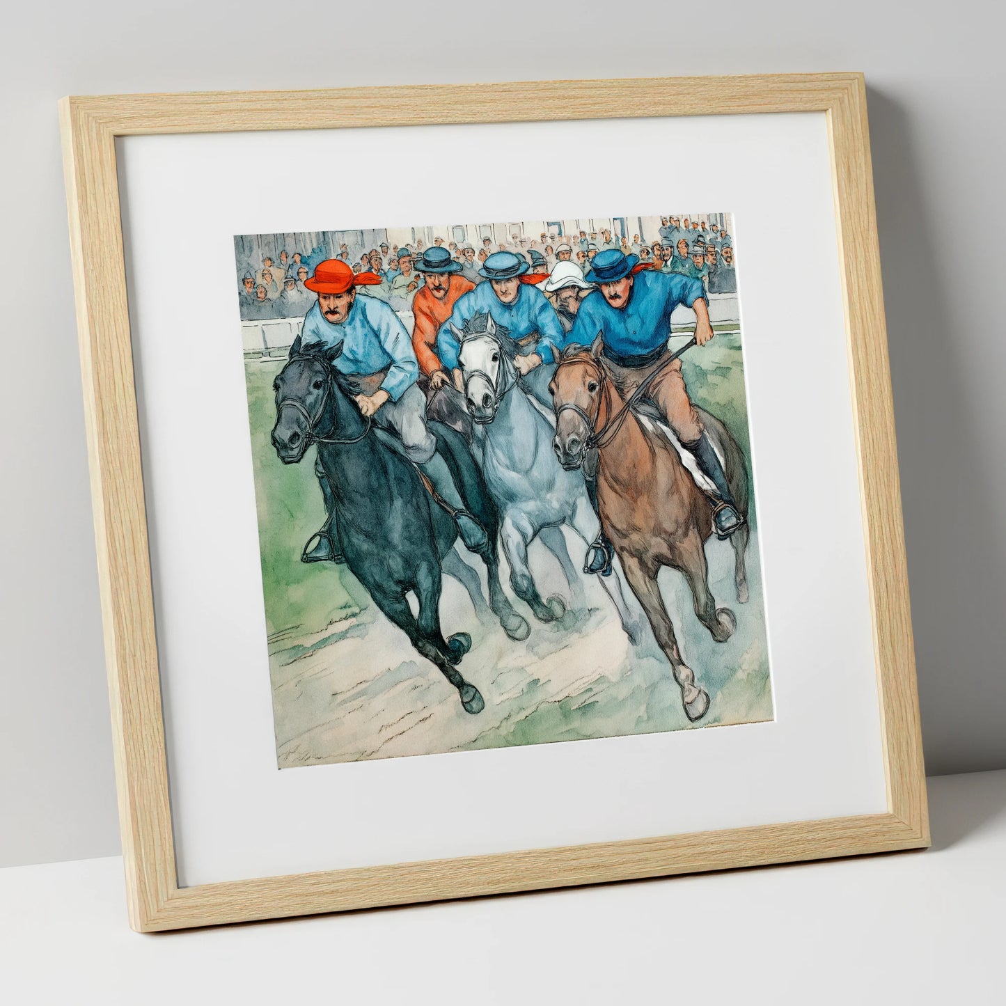 Classic Turf Rivalry racing horse art print in natural frame