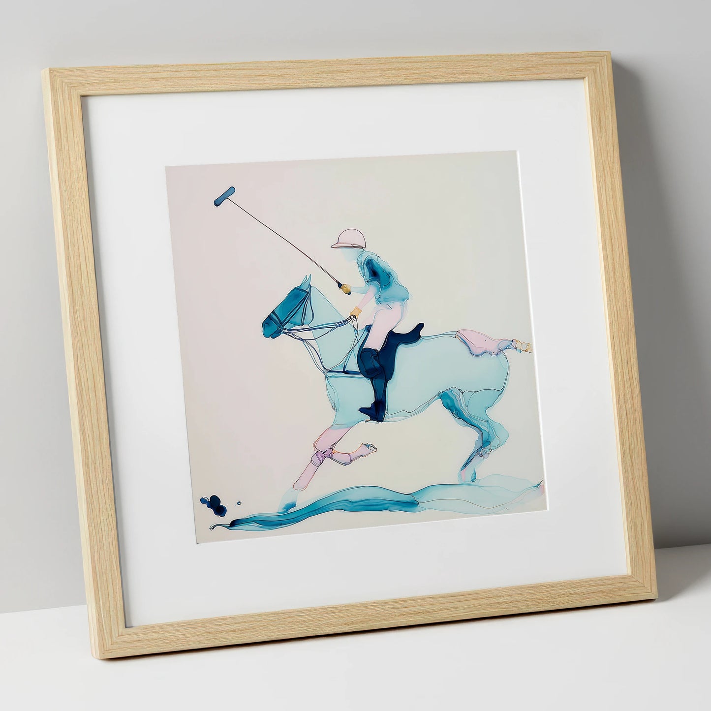 Ethereal Polo Strike polo horse art print in natural frame