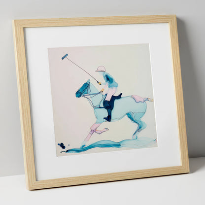 Ethereal Polo Strike polo horse art print in natural frame