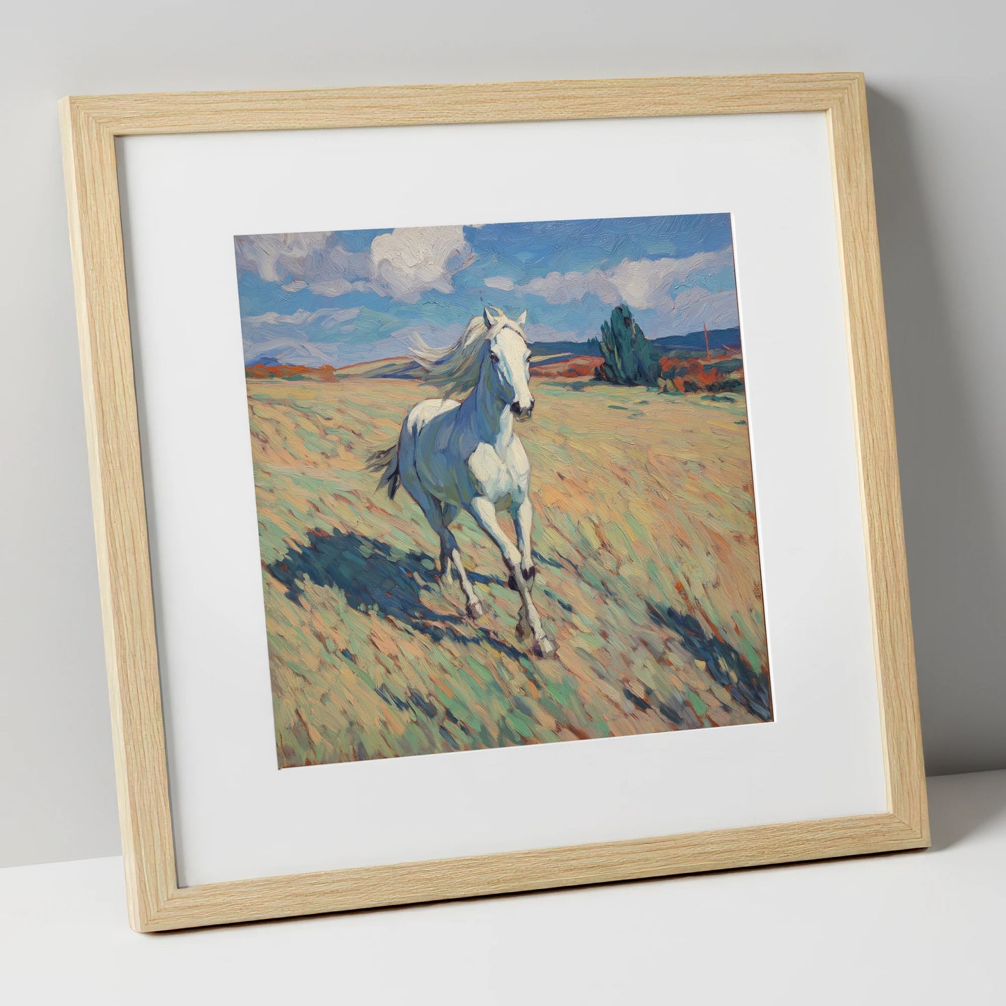 Sunlit Meadow Gallop wild horses art print in natural frame