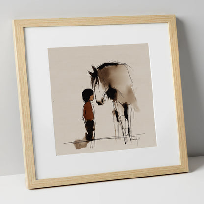 A Quiet Connection horse & rider art print in natural frame