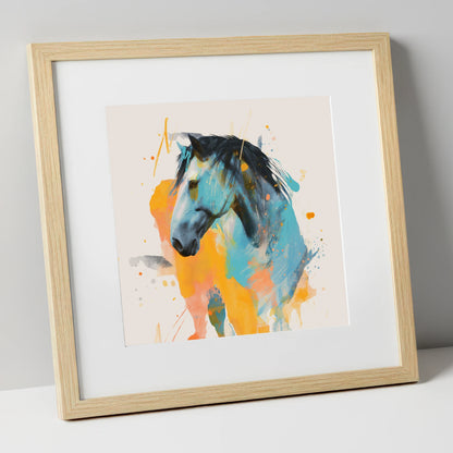 Azure Spirit horse portrait art print in natural frame