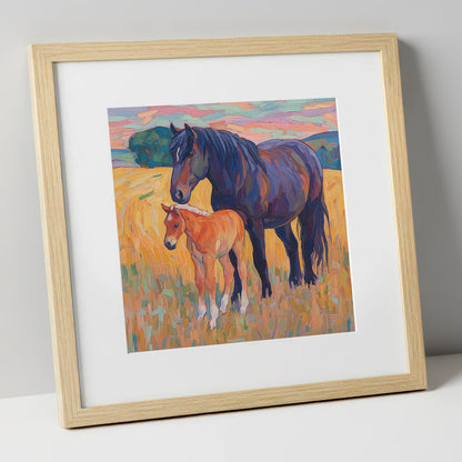 Vibrant Bond Mare and Foal mare & foal art print in natural frame