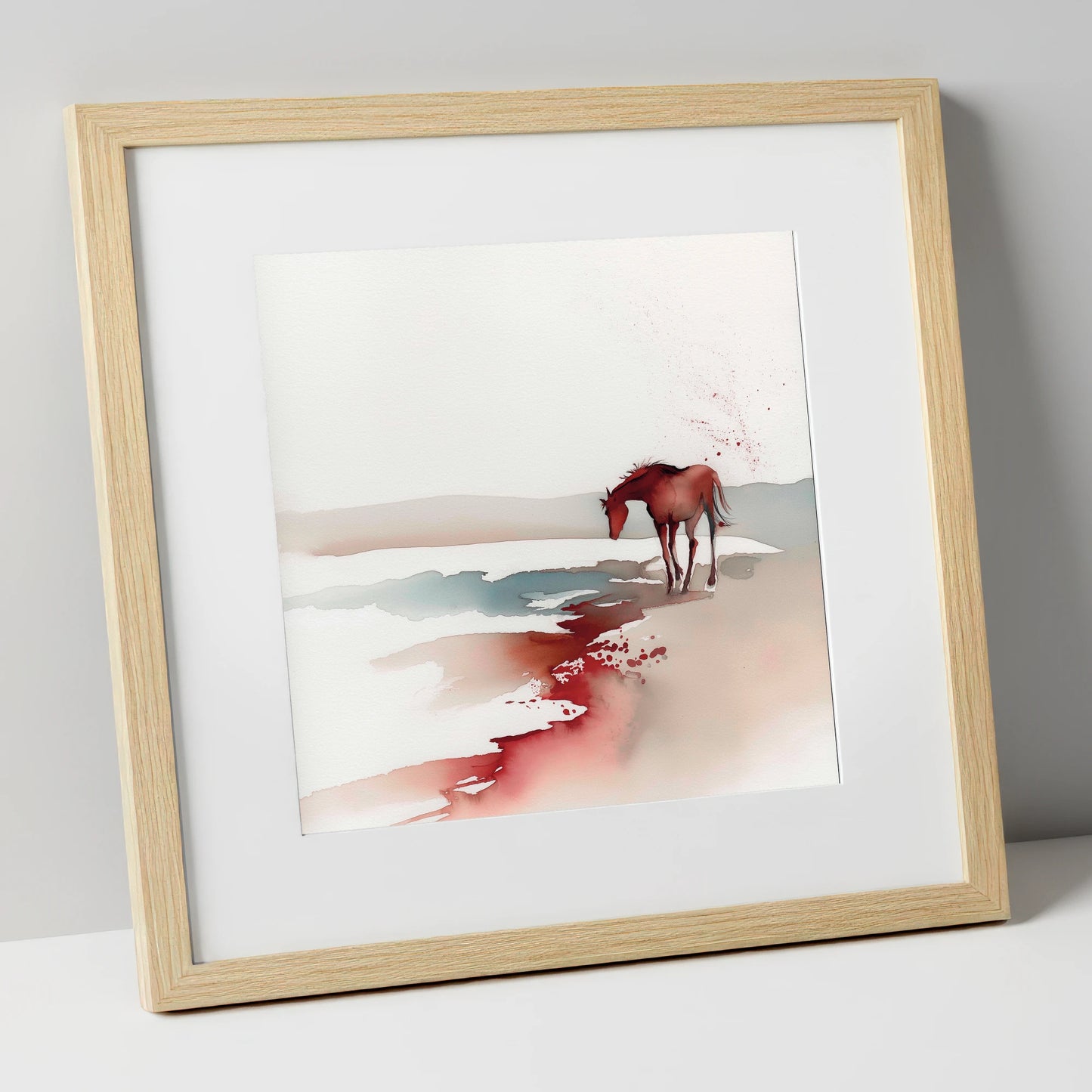 Crimson Waterside Solitude horse landscape art print in natural frame