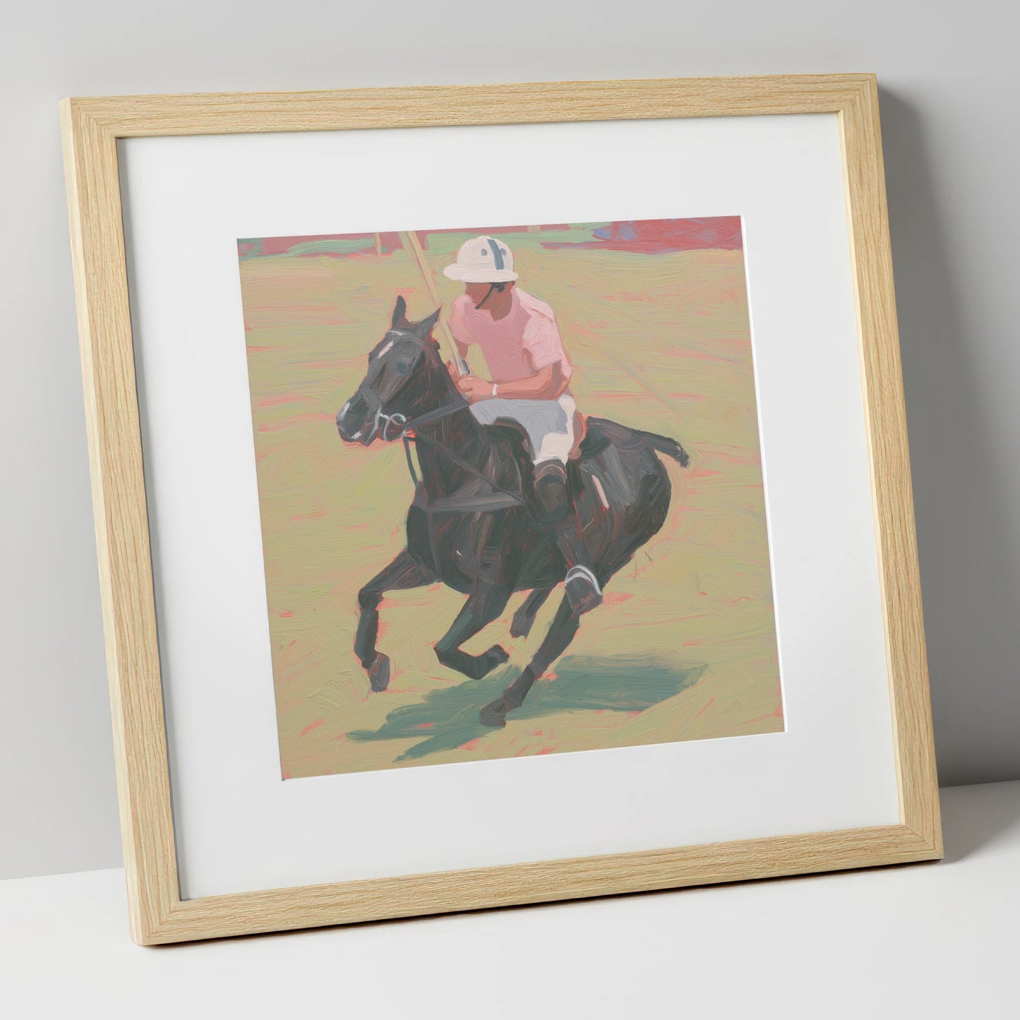 The Pink Chukka polo horse art print in natural frame