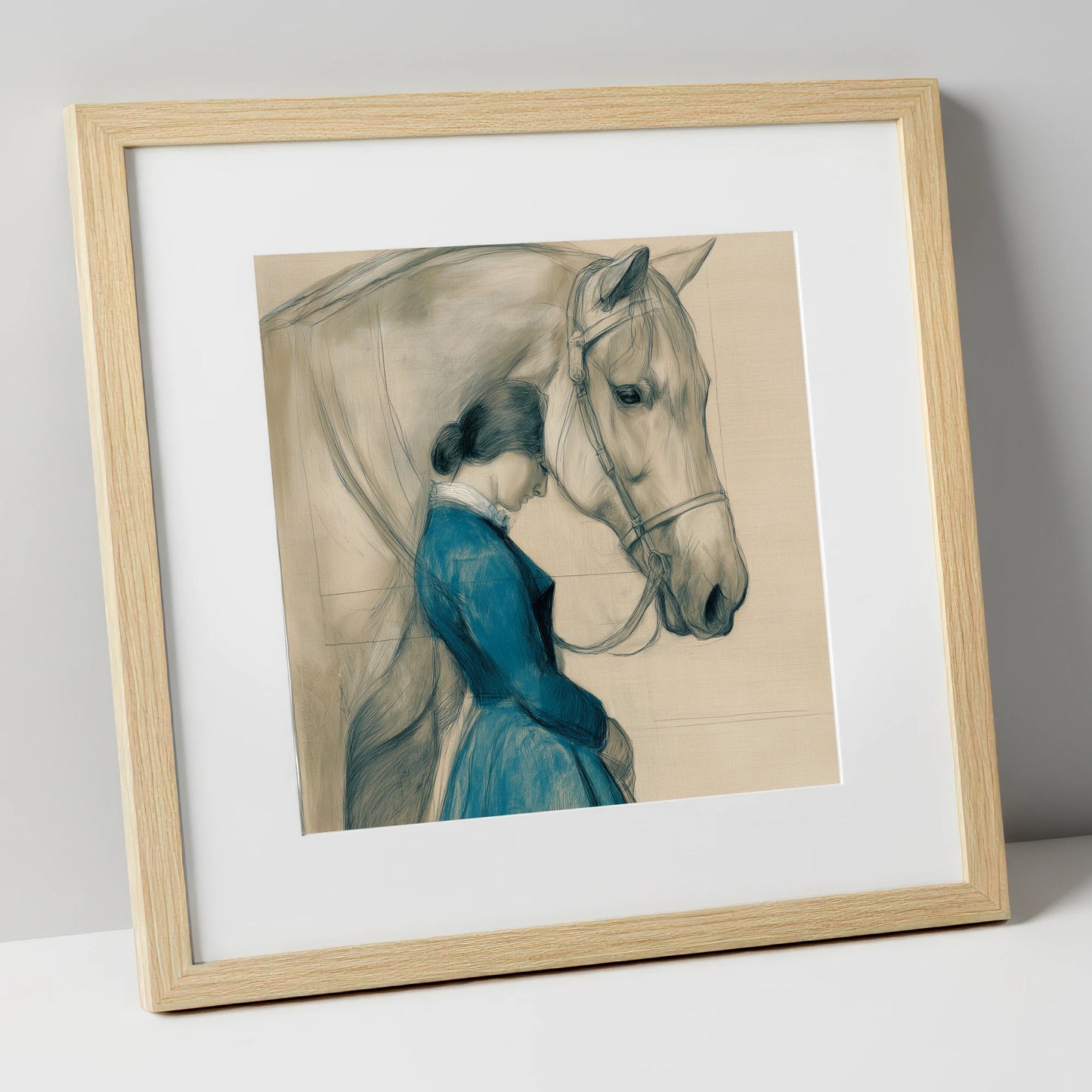 Solace in Stillness horse & rider art print in natural frame