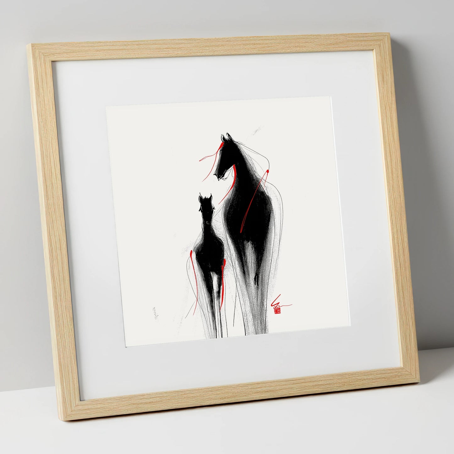 Crimson Threads mare & foal art print in natural frame