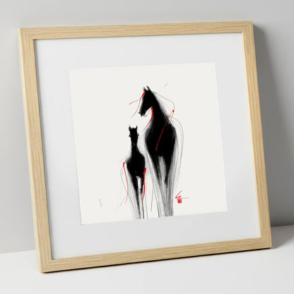 Crimson Threads mare & foal art print in natural frame