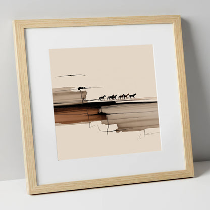 The Distant Herd horse landscape art print in natural frame