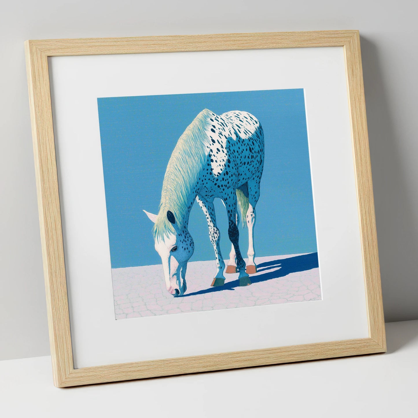 Azure Appaloosa horse breed art print in natural frame